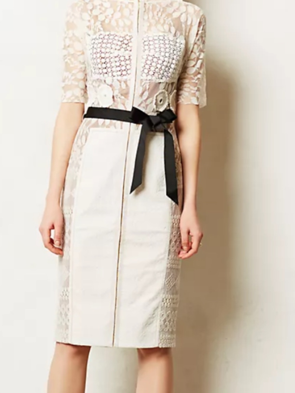Byron Lars Cream Lace Sheath Dress with Black Belt size 10